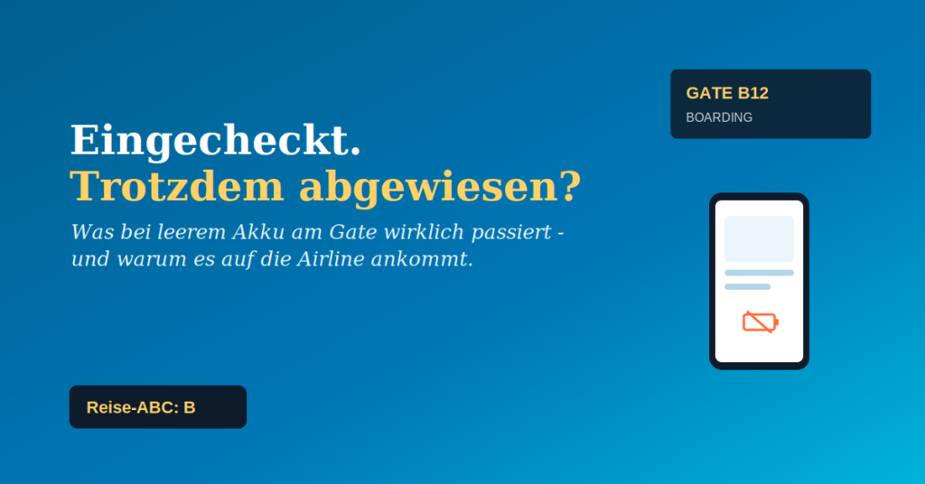Smartphone mit leerem Akku-Symbol am Flughafengate B12 – Symbolbild für Bordkarte Akku leer