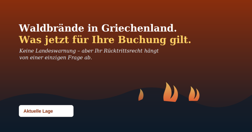 Waldbrände in Griechenland – Titelgrafik mit Flammen-Icons vor dunklem Sonnenuntergangshimmel