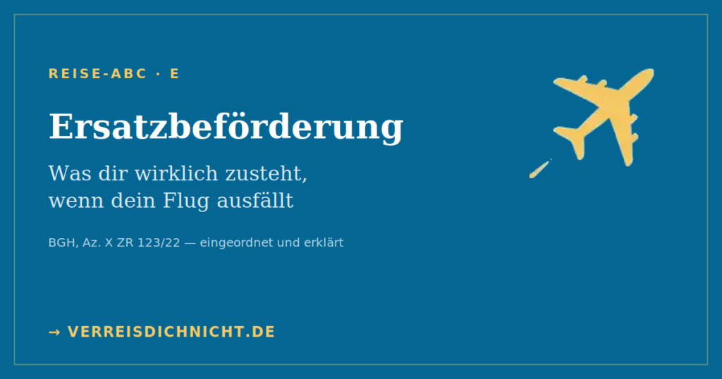 Ersatzflug frühestmöglich – Illustration eines startenden Flugzeugs, Reise-ABC E wie Ersatzbeförderung