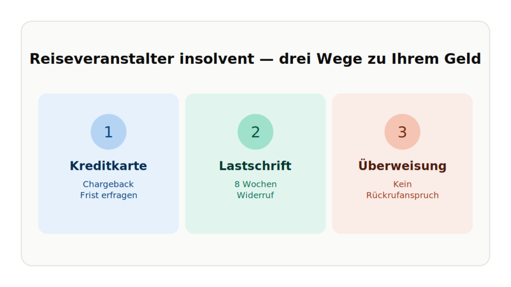Grafik mit drei Wegen zum Geld bei Reiseveranstalter Insolvenz: Kreditkarte, Lastschrift, Überweisung