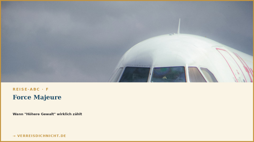 Nahaufnahme einer Flugzeugnase vor dunklem Gewitterhimmel. Darunter auf cremefarbenem Feld: Textblock "Reise-ABC · F — Force Majeure, Wann 'Höhere Gewalt' wirklich zählt", verreisdichnicht.de