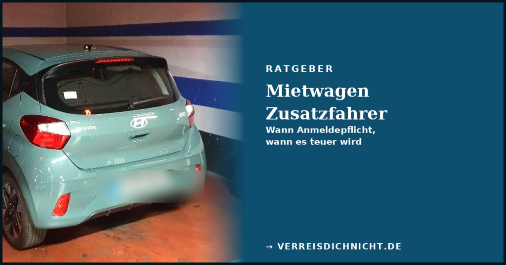 Mietwagen Zusatzfahrer: Geparkter Hyundai i10 mit Gepäck in Tiefgarage