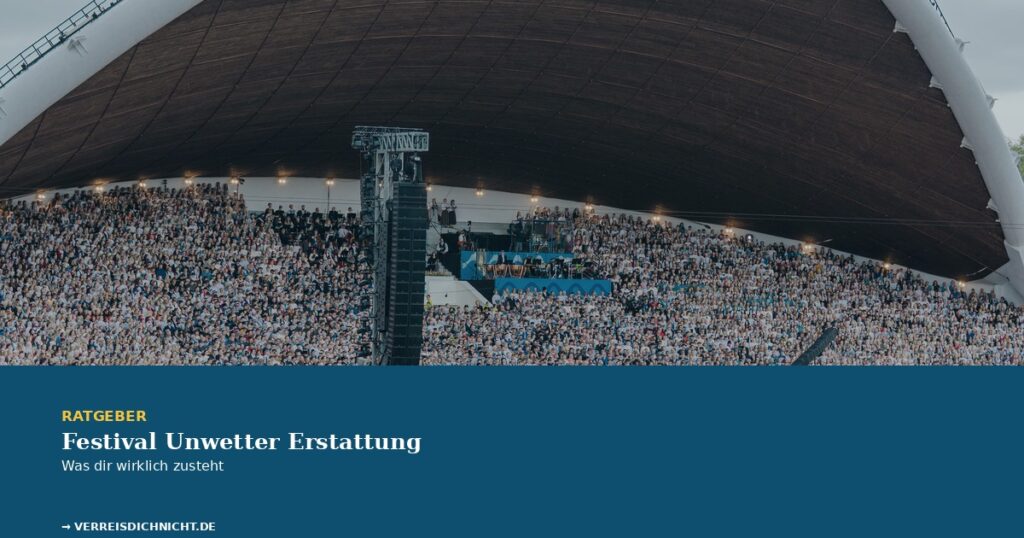 Festival Unwetter Erstattung – große Menschenmenge unter überdachter Festivalbühne bei bewölktem Himmel