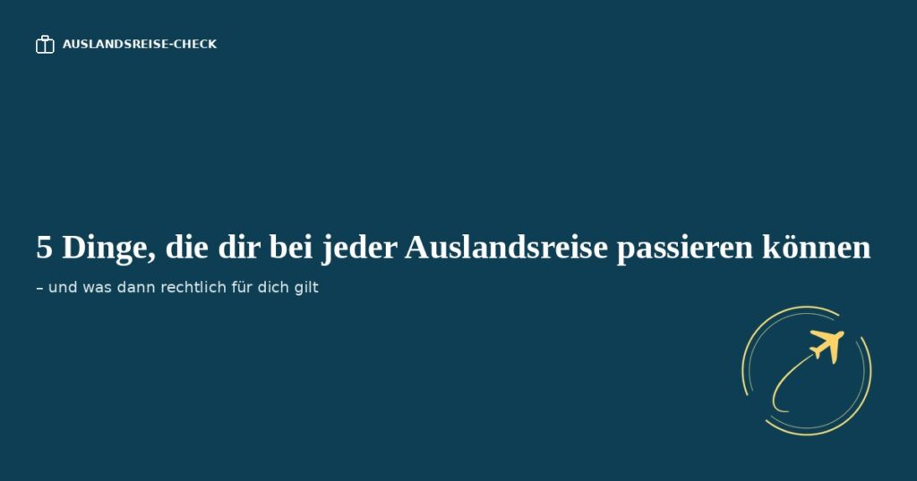 Titelbild zum Artikel über deine Rechte bei Auslandsreisen – petrolfarbene Grafik mit der Kennzeichnung "Auslandsreise-Check", der Überschrift "5 Dinge, die dir bei jeder Auslandsreise passieren können" und einem goldenen Flugzeug-Logo
